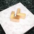 Angle Double Left icon. Bronze Angle Double Left symbol on white marble podium