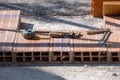 Various masonry and brickwork tools being used on a construction site