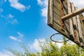 angle view basketball hoop and board under the blue sky horizontal composition Royalty Free Stock Photo