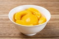 bowl of yellow peach syrup on wood background