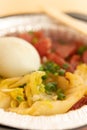 Clay pot rice of Chinese style sausage and salty duck egg and vegetable vertical composition