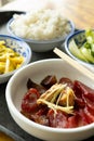 Fast food of Chinese style sausage and bacon and salty fish with scrambled eggs and hotbed chives and cabbage with rice