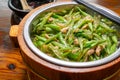angle view fast food of green beans and pork with rice and soup horizontal composition Royalty Free Stock Photo