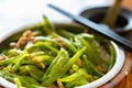 fast food green beans and pork with rice and soup horizontal composition Royalty Free Stock Photo