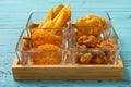 french fries and deep fried shrimps and chicken nuggets and popcorn chicken Royalty Free Stock Photo