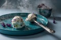 Angle view modern plate with levender ice cream tasted with wicked lime green citrus in dry ice steam or smoke and blackberry in g Royalty Free Stock Photo