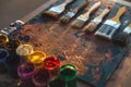 Angle view picture of an old palette with oil paints and gouache set. Clean painter workplace ready for drawing. Royalty Free Stock Photo