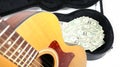 Angled acoustic guitar out of focus, case with money in focus, strong depth of field