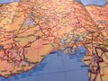 Angled Close-up of a Physical Road Map of Turkey Royalty Free Stock Photo