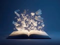 Angled image of a glowing, open notebook with flying alphanumeric pages on blue-white background - AI-Generated Royalty Free Stock Photo