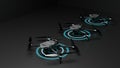 Angled render of multiple drones with glowing radar circles Royalty Free Stock Photo