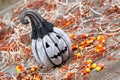 Angled scary black and white Halloween pumpkin on rustic wood