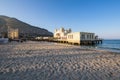 Angled view of Alle Terazze restaurant in the old building of l`Antico Stabilimento Balneare di Mondello in Palermo, Sicily,