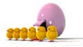 An angled view of 6 Easter Chicks with a Spaceship Egg Royalty Free Stock Photo