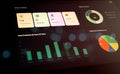 Angled view of modern business dashboard interface showing production data, employee stats, and product performance through Royalty Free Stock Photo