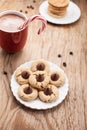 Angled view of plate of chocolate peanut blossom cookies Royalty Free Stock Photo