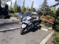 Mill Creek, WA USA - circa May 2022: Angled view of a police motorcycle outside of Mill Creek City Hall