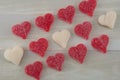 Angled View of Red and White Gummy Hearts Lined Up