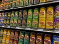 Mill Creek, WA USA - circa April 2022: Angled view of a selection of canned soups for sale inside a Town and Country grocery store