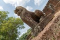 Angled view of stone lion guarding temple