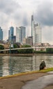 Angler catching fish in the river. View of a skyscraper. In Frankfurt am Main. City development. Relax and rest on the river. Clou