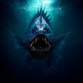 Angler fish on background of dark blue water realistic illustration art. Royalty Free Stock Photo