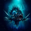 Angler fish on background of dark blue water realistic illustration art. Royalty Free Stock Photo