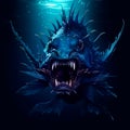 Angler fish on background of dark blue water realistic illustration art. Royalty Free Stock Photo