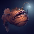 Angler fish on background of dark blue water realistic illustration. Royalty Free Stock Photo