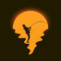 Angler Fishing Silhouette logo with Sunset on black background