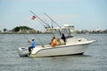 Anglers on the boat fishing for flounder near Indian River Inlet in the summer by Bethany Beach, Delaware