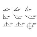 Angles icons set on white background. 30, 45, 60, 90, 120, 150, 180, 270 and 360 degree icon set. Geometric symbol. Angles set