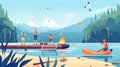 Angling rods, wooden pier, and inflatable rubber boat at river shore. Summer beach scene with people catching fish and Royalty Free Stock Photo