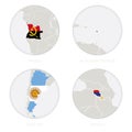 Angola, Antigua and Barbuda, Argentina, Armenia map contour and national flag in a circle