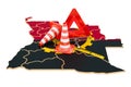 Angolan map with traffic cones and warning triangle, 3D rendering Royalty Free Stock Photo