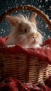 Angora Rabbit in Wicker Basket with Red Fabric and Artificial Snow Royalty Free Stock Photo