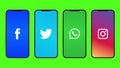 2022-04-8. Angra dos Reis, Brazil. Editorial Social Media Icons inside smartphone with white, black and green screen background