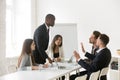 Angry African American shouting at Caucasian colleague blaming