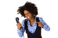 Angry african american woman with handset