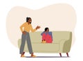 Angry African Mother Character Scold Son who Closing Ears with Hands Sit on Couch. Offended Stubborn Boy Ignore Mom