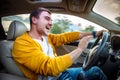 Angry aggressive driver beep and shouts in the car Royalty Free Stock Photo