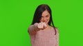 Angry aggressive woman showing fig negative gesture, you dont get it anyway, rapacious, avaricious Royalty Free Stock Photo