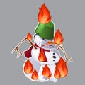 Angry aggressive toothy snowman is burning in the fire isolated on grey background. Vector cartoon close-up illustration