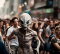 Angry alien creature running among a screaming crowd of people in a city street.