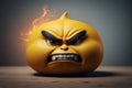 Angry angry fluffy yellow emoticon on blurred background.