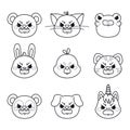 Angry animals. Pet head in kawaii cartoon style. Hand drawn animals doodle line art. Set of vector illustrations isolated on white Royalty Free Stock Photo