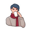 Angry anime boy with stylish haircut drinking tea or coffee. Pensive male character avatar. Portrait of cute Japanese Royalty Free Stock Photo