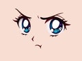 Angry anime face. Manga style big blue eyes, little nose and kawaii mouth