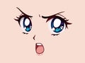Angry anime face. Manga style big blue eyes, little nose and kawaii mouth