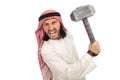 Angry arab man with hammer isolated on white Royalty Free Stock Photo